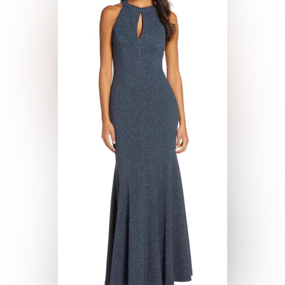 Eliza J Women's Blue/Gray Keyhole Glittered Halter Ball Gown Formal Dress Sz 12
